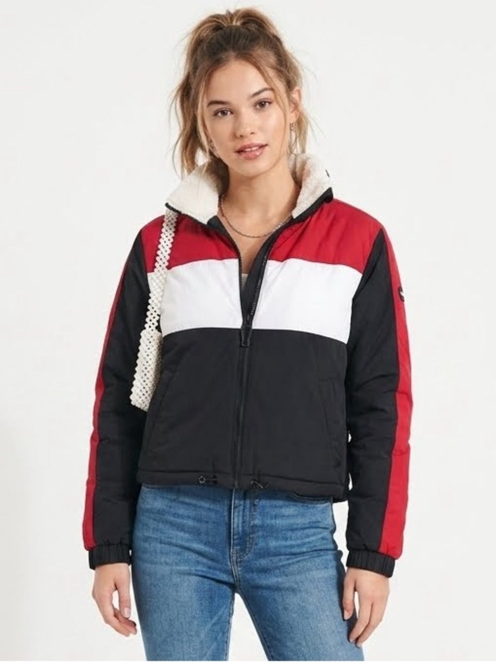 Y2K Hollister Large Colorblock Puffer Jacket Red Black White Vintage